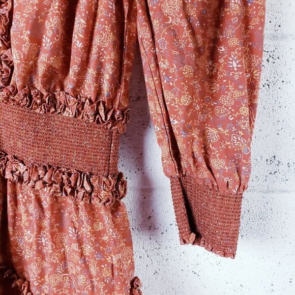 HOUSE OF HARLOW 1960 Wallis Rust Floral Ruffle Boho Smocked Dress Size Small - Picture 4 of 7